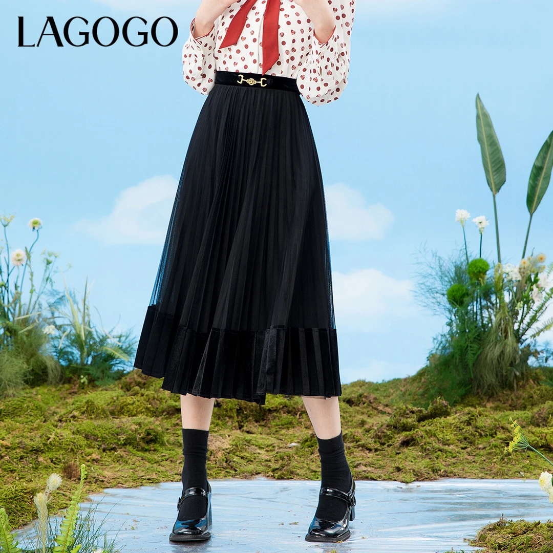 Lagogo新款松紧高腰精致拼接网纱裙女LCBB35ZA62