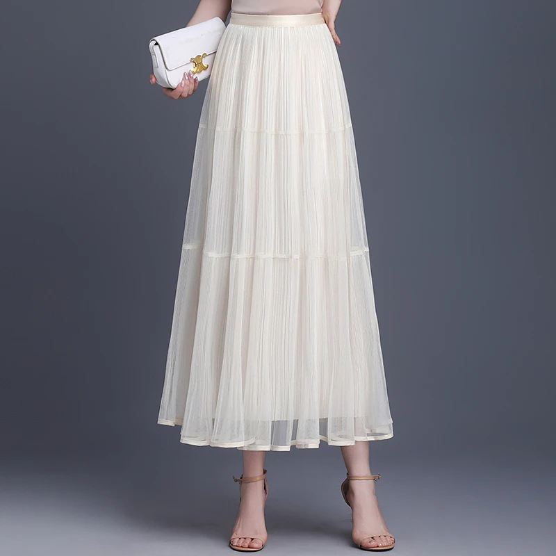 网纱半身裙女夏季薄款松紧腰中长裙2025新款高腰百褶裙显瘦A字裙