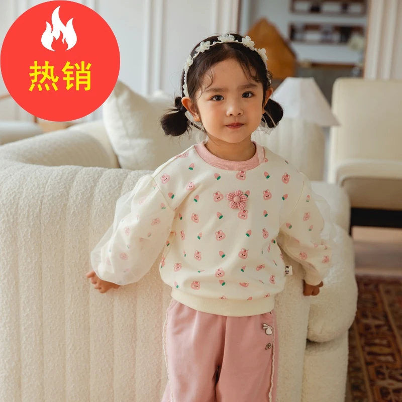 品牌女童网纱拼接公主卫衣泡泡袖草莓印花甜美可爱长袖XGE45712