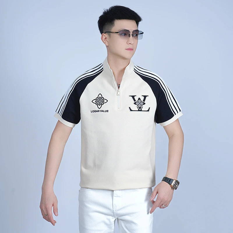 【莫斯吉尔】夏季轻奢潮流刺绣拉链立领POLO衫时尚休闲百搭宽松短袖