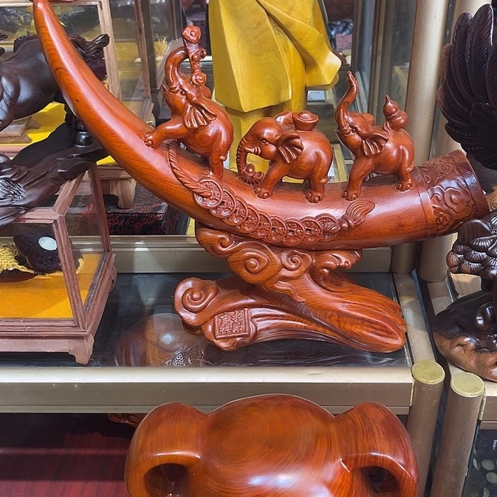 木花梨木雕刻三福象象牙摆件