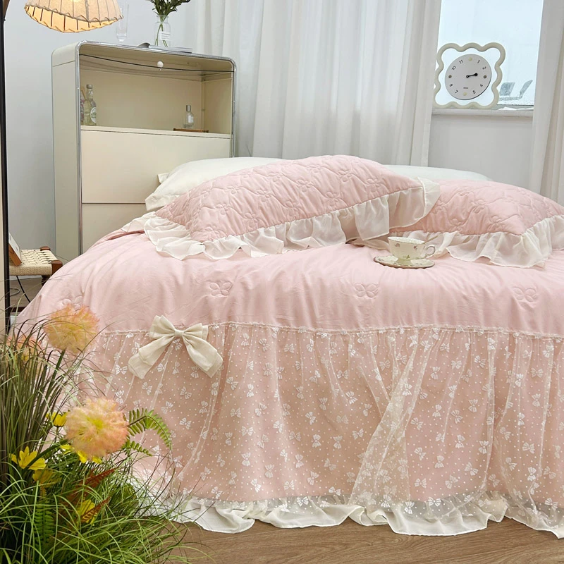 □清仓高密绗缝【夏被款四件套】纯色公主风床品机洗不易滑床