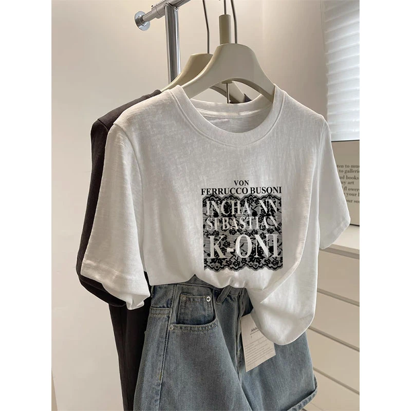 日常休闲风圆领雪花棉短袖t恤女小众设计感洋气时尚优质白色印花