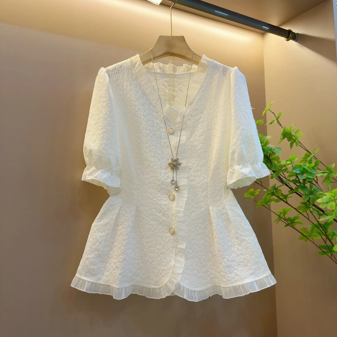 胖MM时尚新款拼接花边显瘦百搭气质短袖上衣(长63左右)