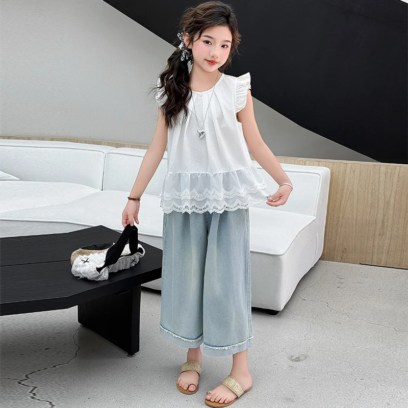 女童夏季韩系休闲飞袖娃娃衫套装中大童小女孩时髦洋气儿童夏装潮