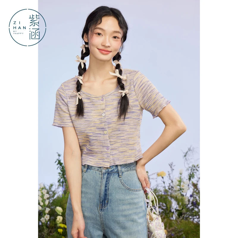 紫涵条纹针织T恤夏季新款修身显瘦短款U领正肩短袖上衣Z4Z04BS356