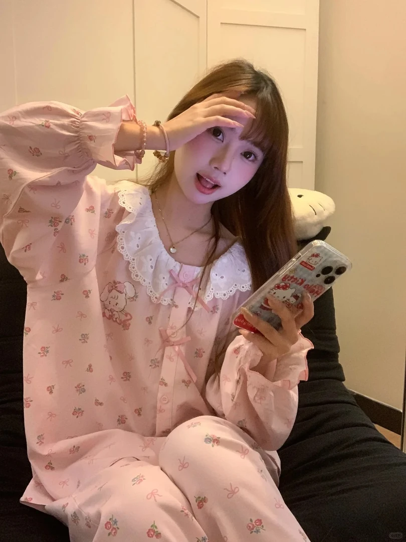 【蝴蝶结小猫】ins甜美少女长袖睡衣女套装春秋2025新款大码家居服