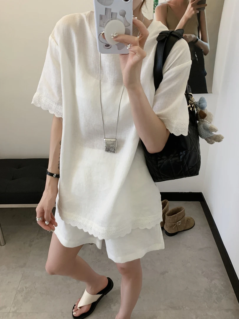 0187【夏季新款】爆款宽松遮肉百搭蕾丝花边纯麻T恤（1220）