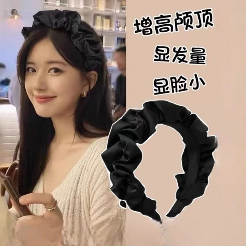 KQE/缎面波浪高颅顶布艺发箍2025年网红新款褶皱甜美宽边头箍发饰