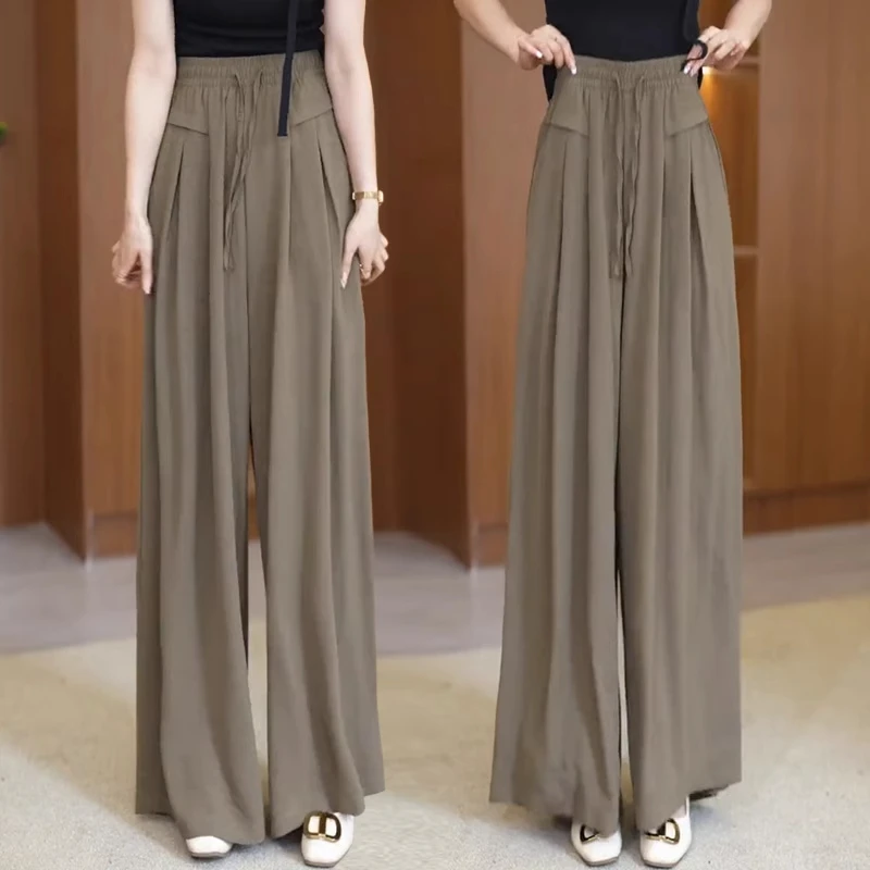 拉夏贝尔时尚休闲阔腿裤女2025夏季薄款松紧腰垂感宽松显瘦直筒裤