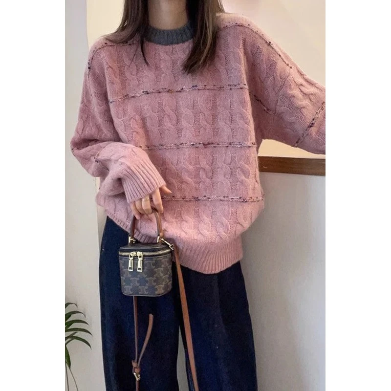 其他100%韩版长袖软糯宽松毛衣女秋冬新款套头撞色别致麻花圆领针