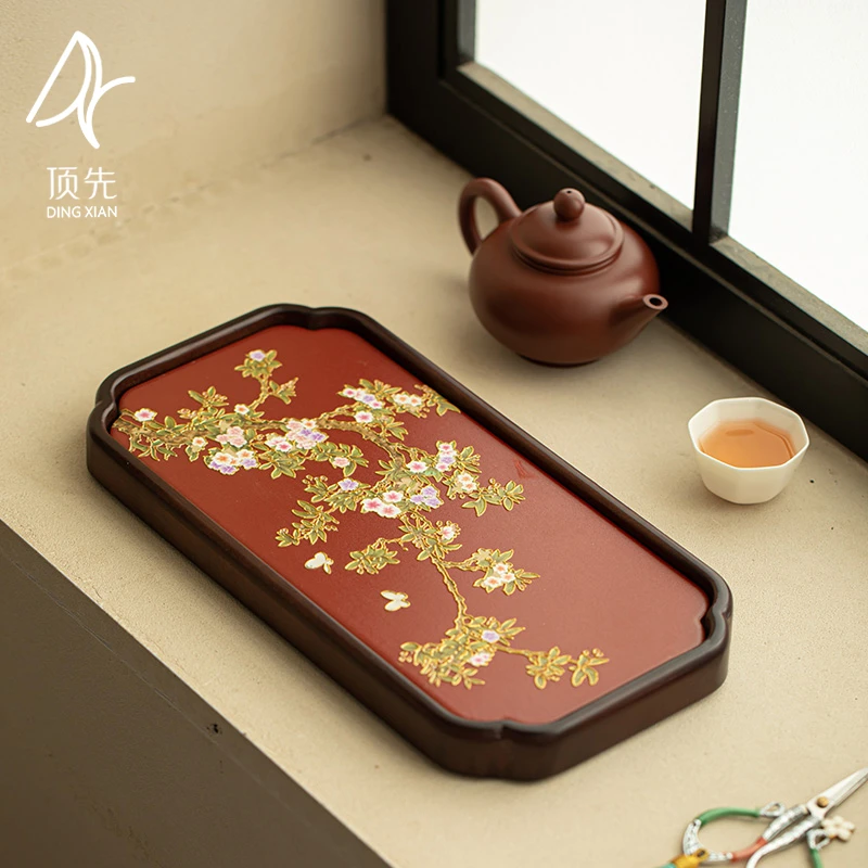 顶先  当代烫金小长方桃兮金缕吸水干泡盘家用中式茶盘 A13341