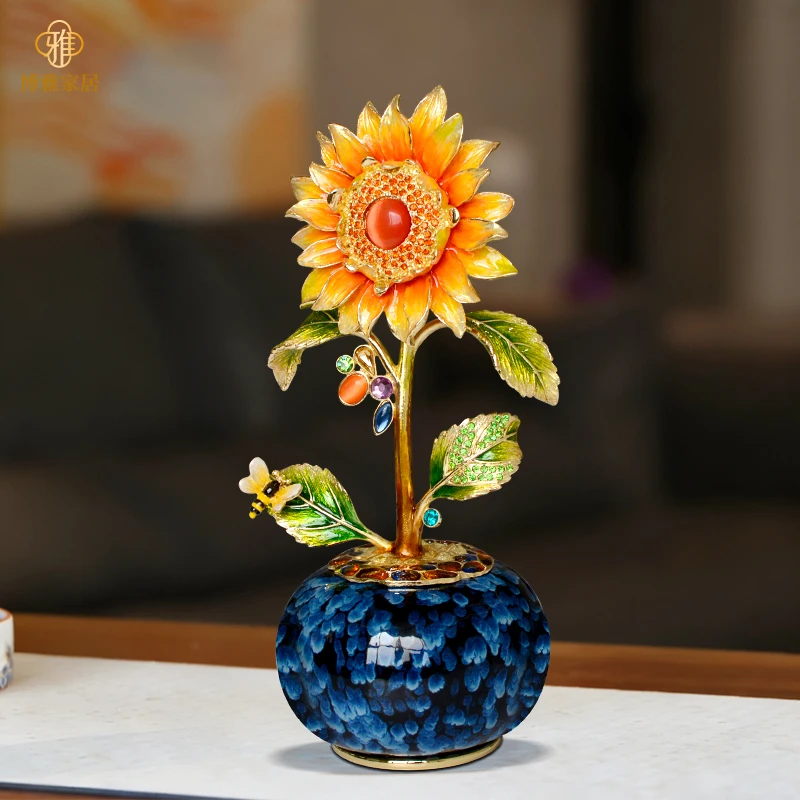 珐琅彩向日葵摆件高档创意蒸蒸日上家居客厅装饰新房乔迁之喜礼物