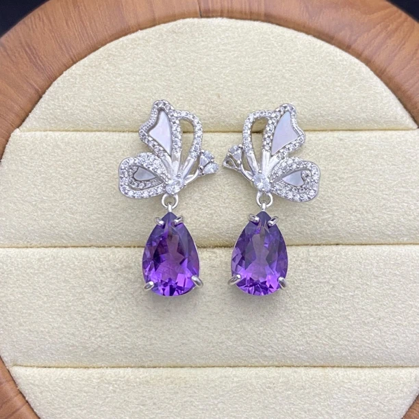 蝴蝶 天然紫水晶白贝母耳钉长款耳饰s925银轻奢气质优雅时尚百搭J