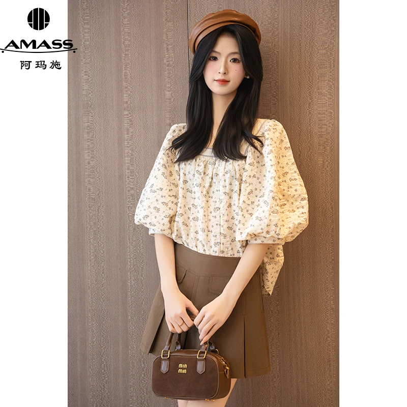 AMASS/阿玛施春夏新款方领小清新碎花松弛感泡泡袖衬衫女 5300627