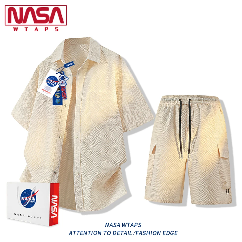 NASA WTAPS冰丝泡泡纱短袖衬衫套装男款夏季轻薄款休闲运动两件套