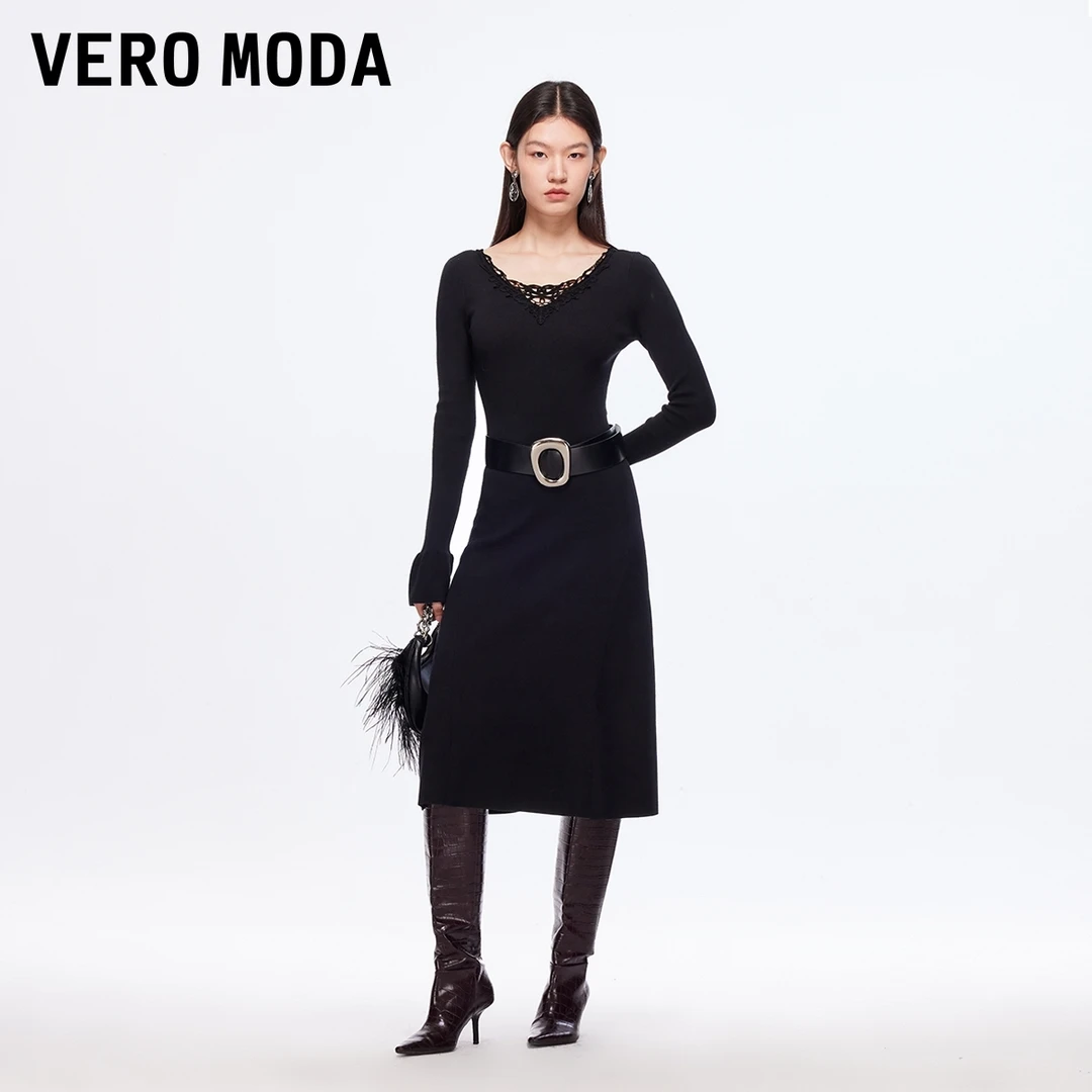 Vero Moda连衣裙25秋冬蕾丝拼接修身针织裙显瘦时尚325446015
