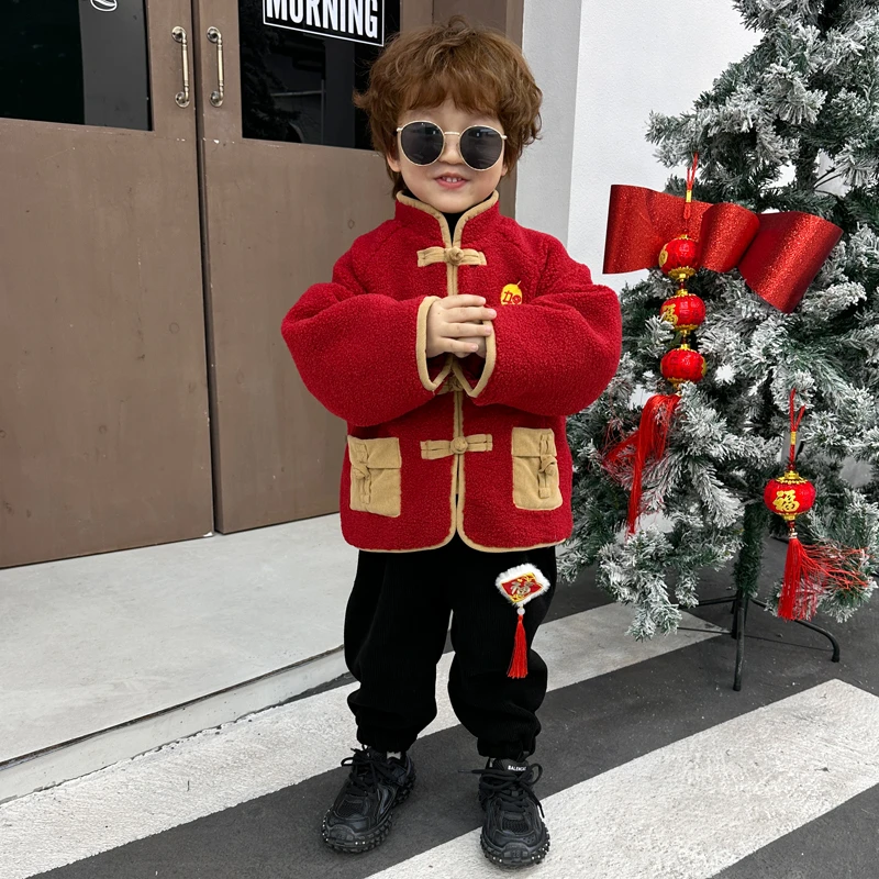 儿童冬季加厚拜年服2025年新款男童红色唐装中国风套装帅宝宝汉服