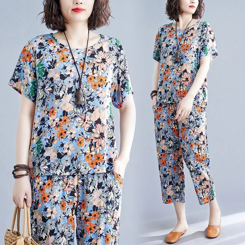 外穿新款休闲舒适冰丝妈妈套装上衣+裤子两件套慵懒风遮肚哈伦裤