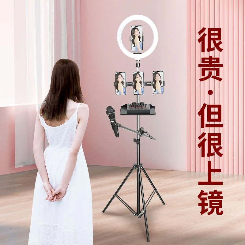 直播手机专用支架拍摄视频架子落地多功能带补光灯声卡托盘话筒架
