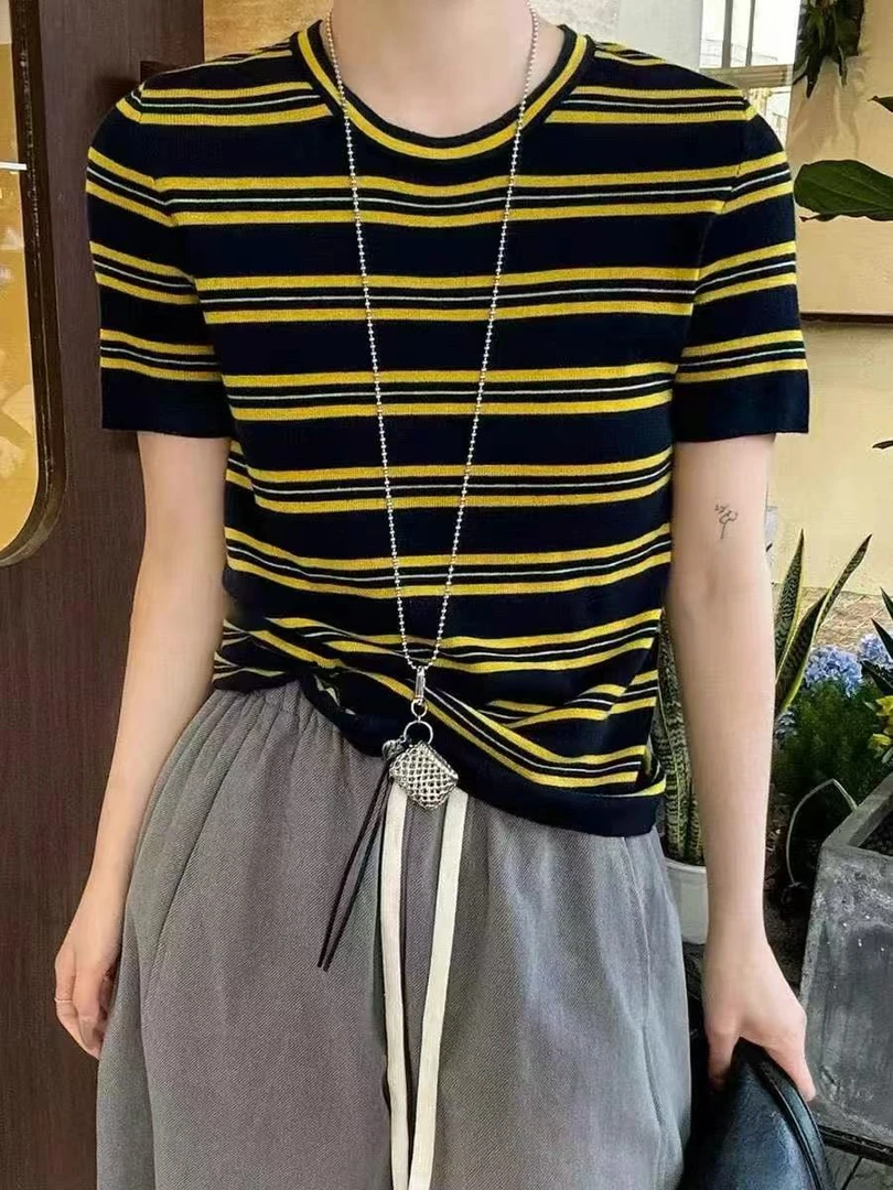 圆领条纹拼色短袖T恤女2025夏新款时尚百搭宽松简约休闲1392