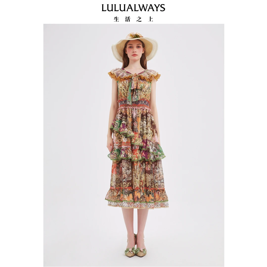 LULUALWAYS【商场同款】25夏季新款西西里艺术度假风荷叶边连衣裙