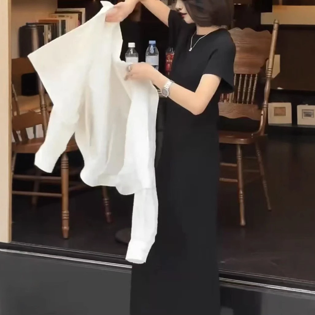 新款短袖长款连衣裙衬衫外套时尚女装