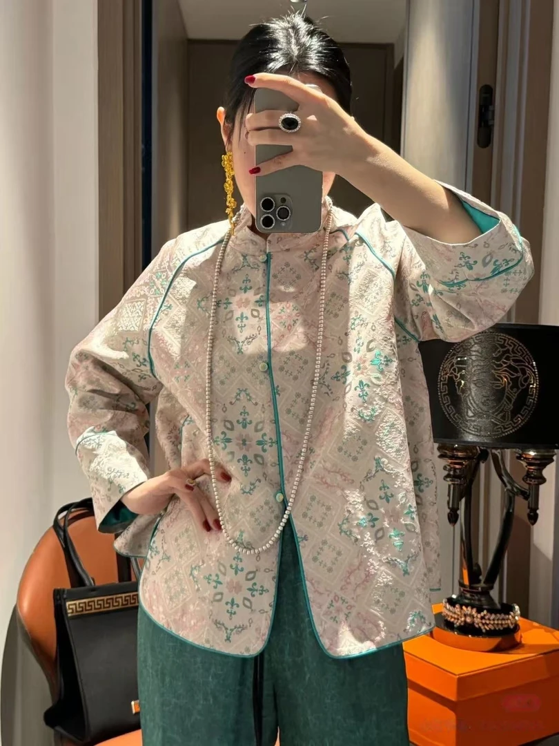 【锦菱】南油新款方菱花卉纹桑蚕丝新中式气质减龄休闲百搭女外套