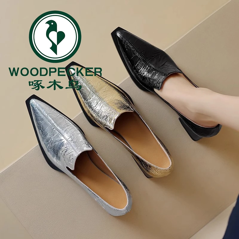 啄木鸟5cm粗跟尖头浅口高跟鞋英伦风帅气时尚四季小皮鞋金色单鞋