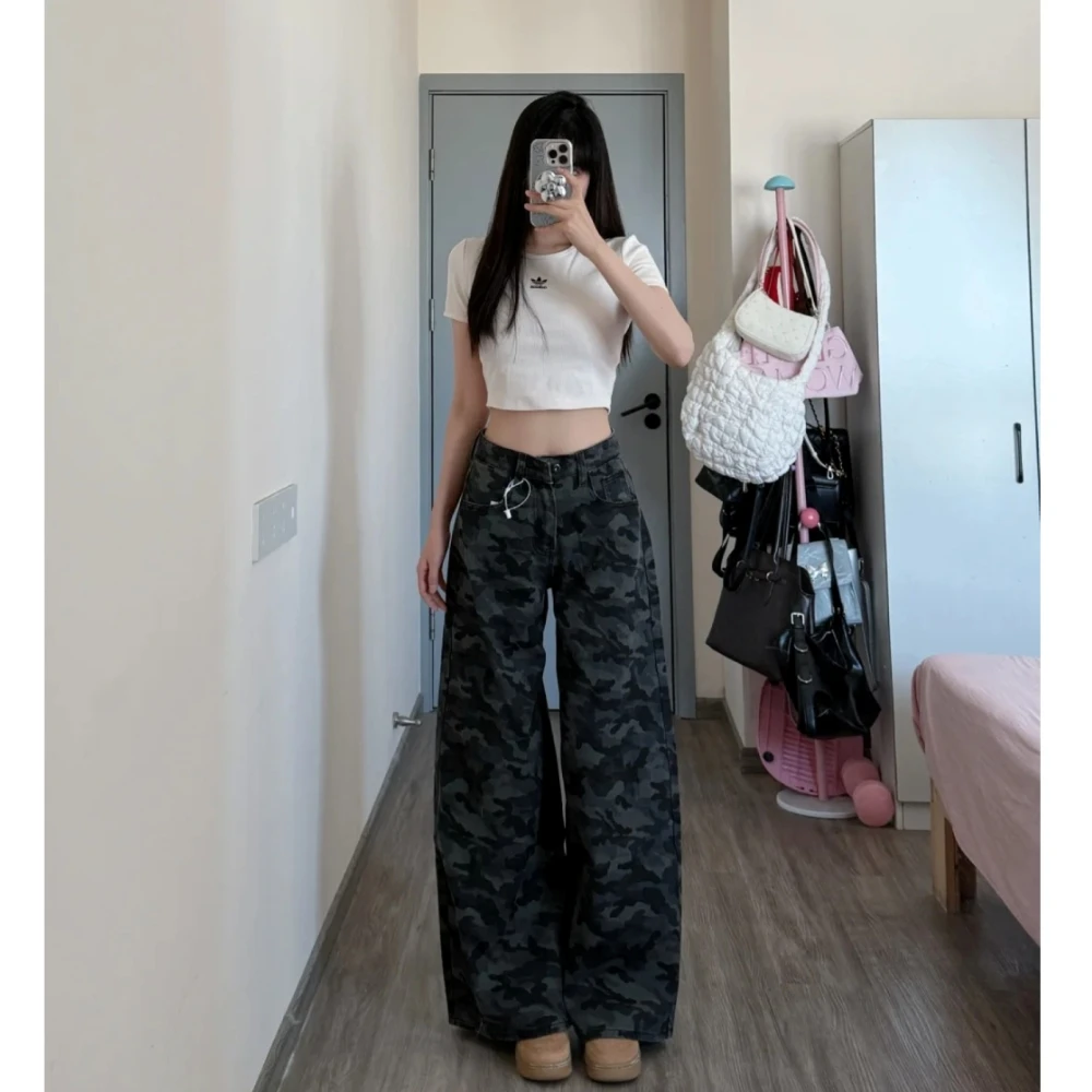 美式复古高街工装迷彩牛仔裤女2025秋季宽松高个子显瘦直筒休闲裤