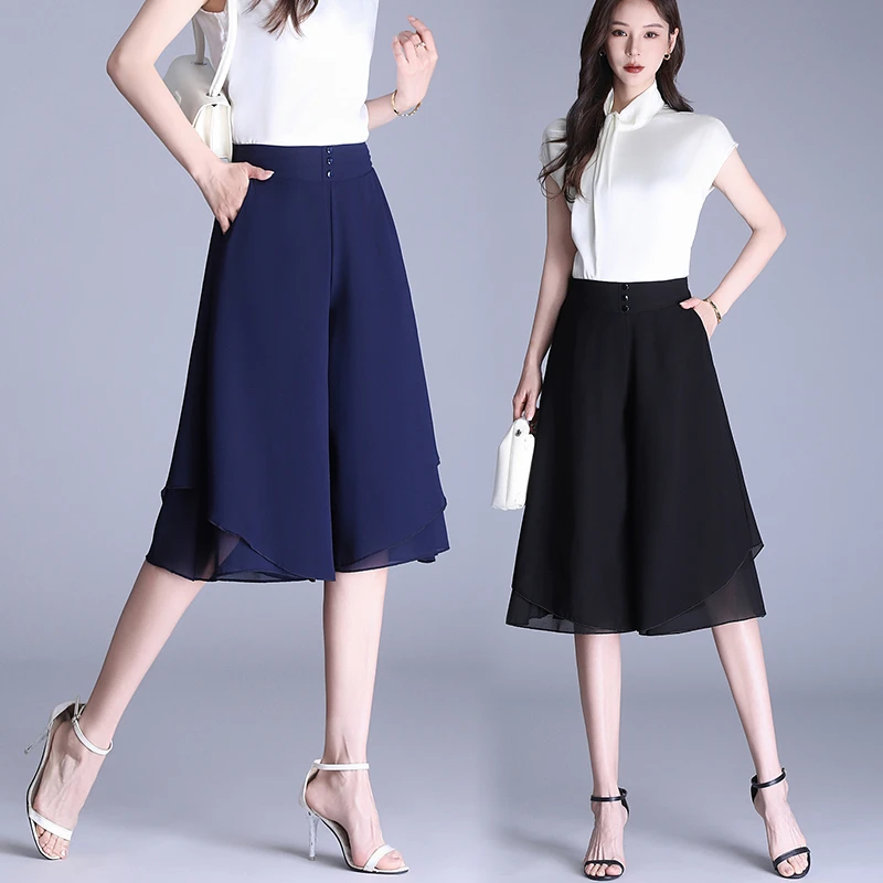 夏季雪纺阔腿裤高腰休闲裤2025时尚垂坠口袋五分显瘦百搭薄款短裤