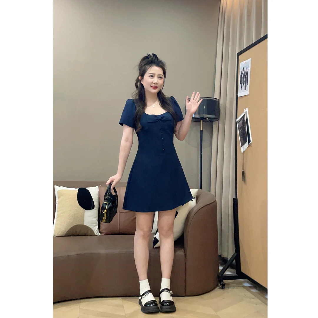 大萌萌【现货】静奢风蝴蝶结收腰连衣裙夏微胖显瘦A字裙P225Q07765