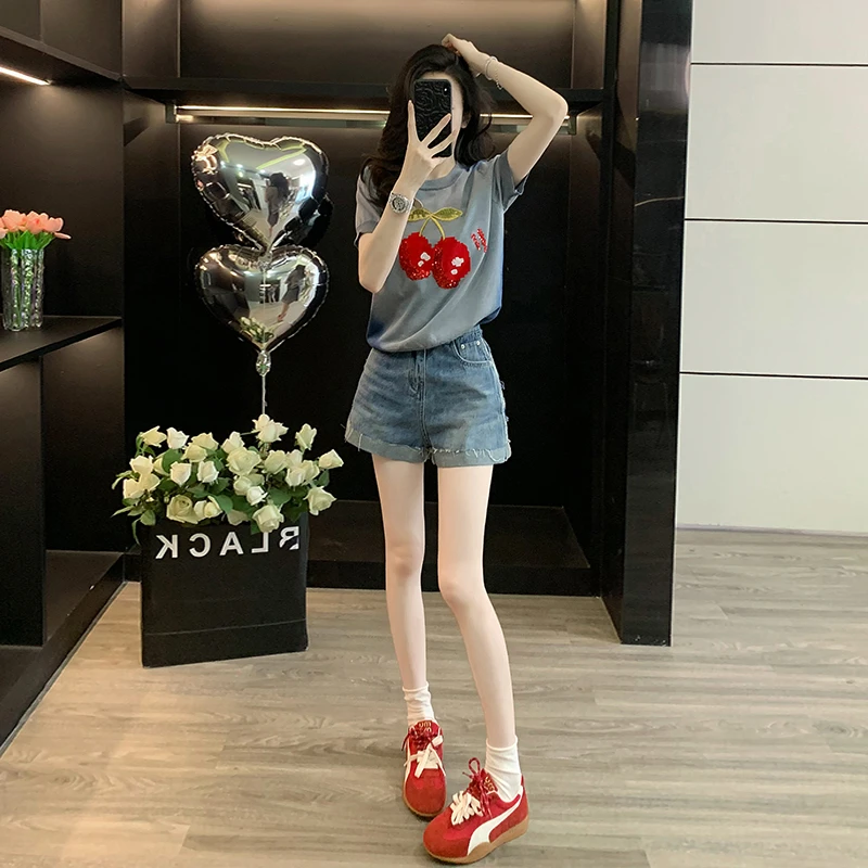 夏季新款韩系穿搭一整套女短袖针织衫气质复古蓝色小个子套装短裤