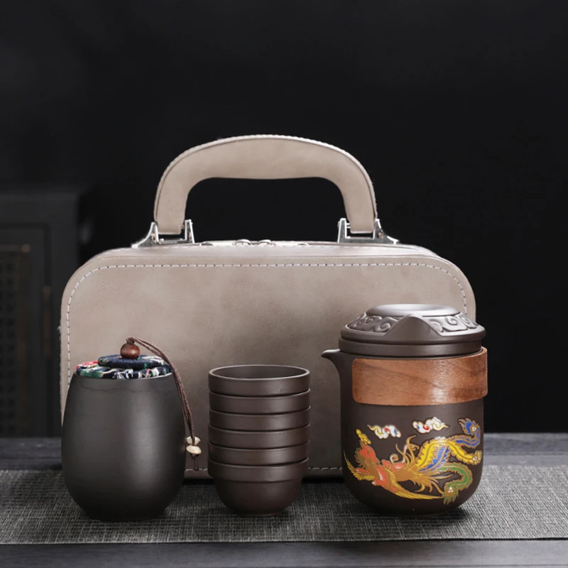 龙凤呈祥变色紫砂壶原矿朱泥带茶滤茶杯大容量泡茶壶旅行茶具