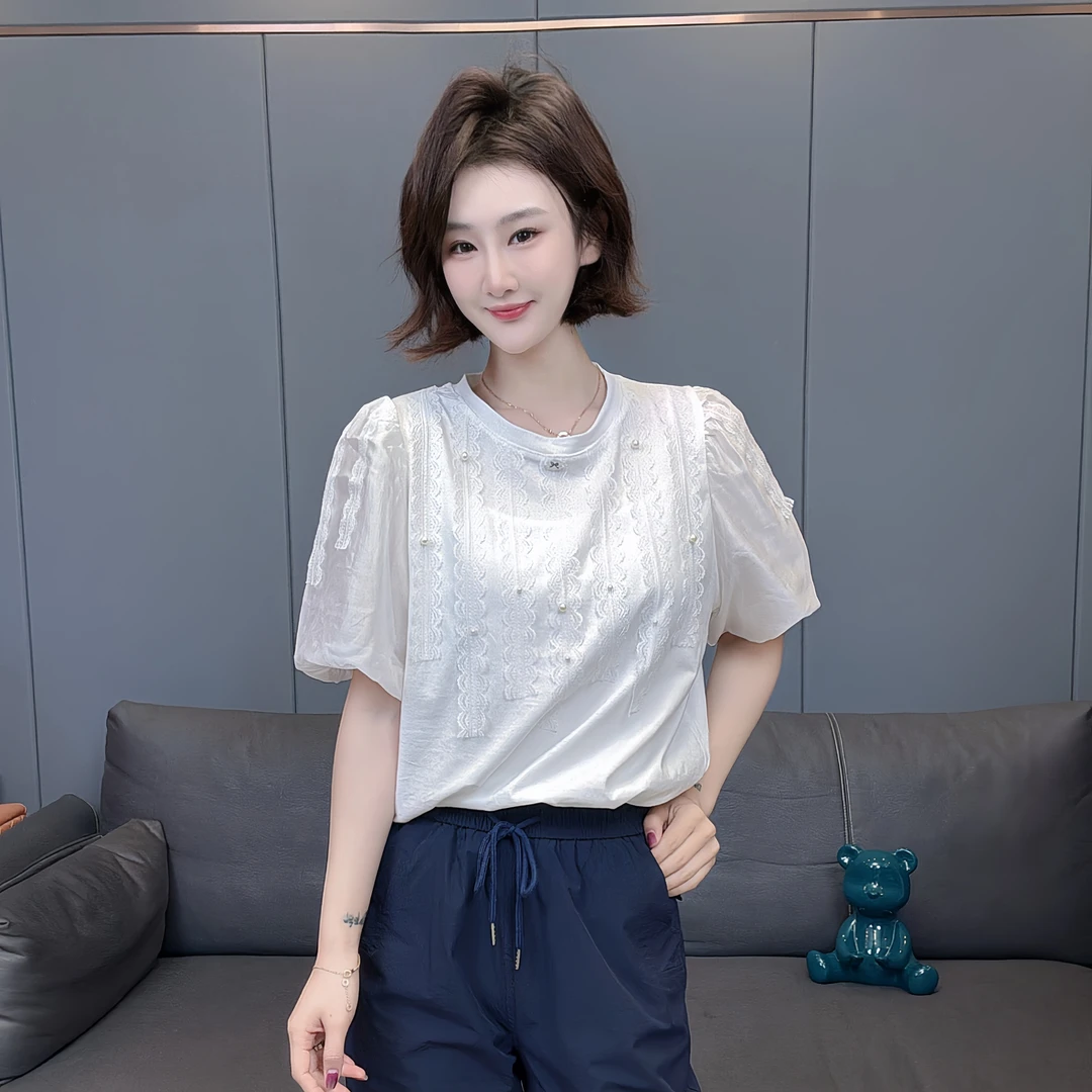 夏季爆款蕾丝边条泡泡短袖T恤手工串珠圆领白色显瘦女士时尚洋气