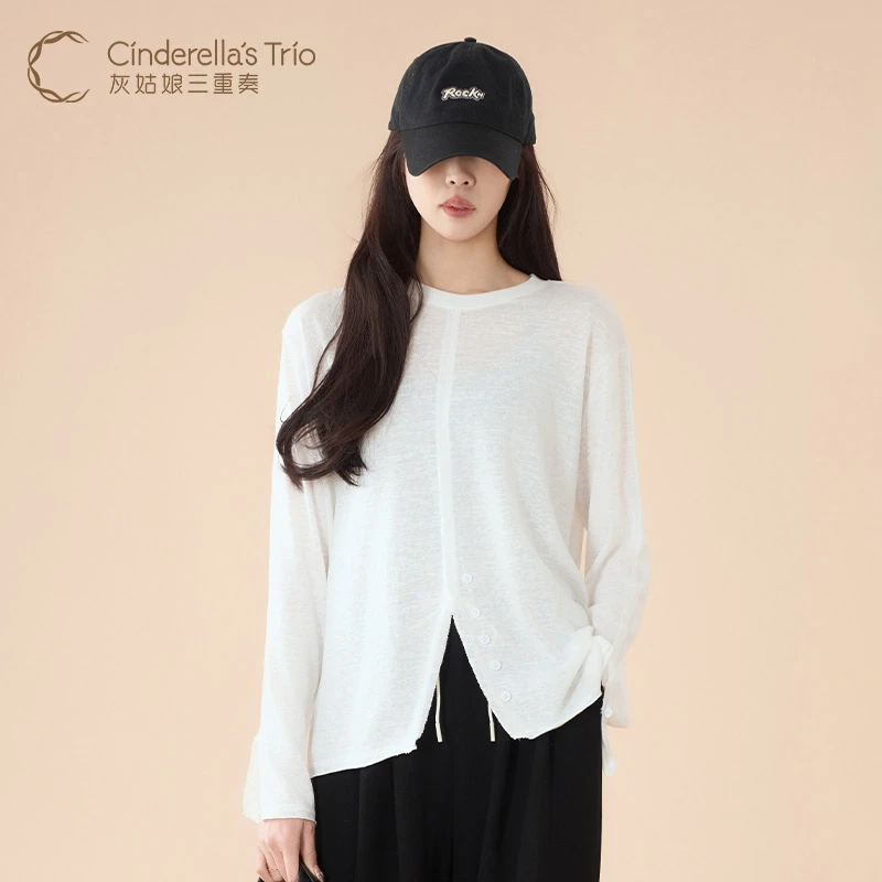 灰姑娘三重奏C·【活动】时尚休闲简约百搭黑 白长袖T恤H251119015