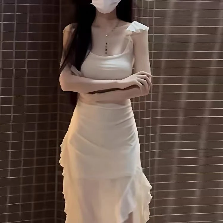 甜辣妹纯欲风小飞袖开叉吊带连衣裙女夏季收腰显瘦不规则网纱长裙