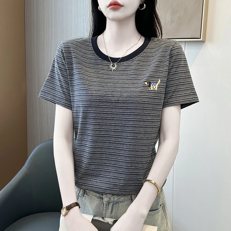2025年新款时髦条纹上衣复古撞色短袖T恤女夏装宽松纯棉体恤H206