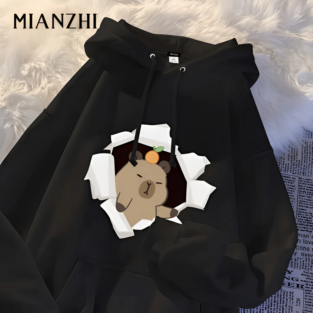 棉致趣味卡皮巴拉青少年印花连帽卫衣秋冬新款韩版宽松学生上衣服