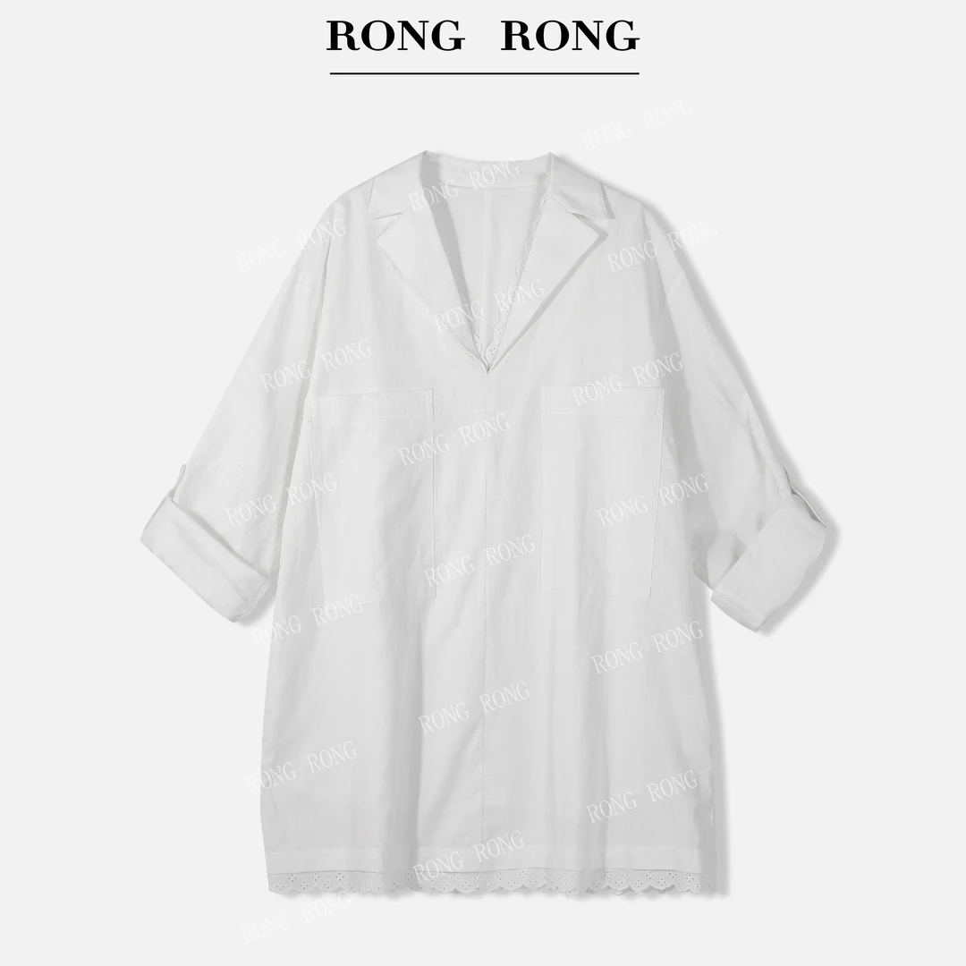 溶溶【优雅仙风】RONGRONG 亚麻棉拼接设计感长袖宽松衬衫裙25180