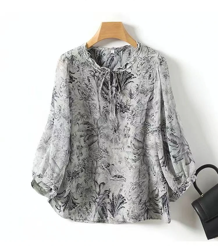 乔其纱衬衫女短袖木耳边减龄飘带洋气妈妈夏装上衣宽松印花
