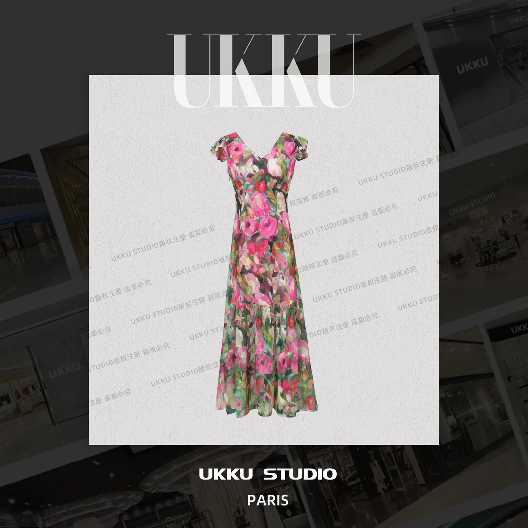 文文【UKKU STUDIO】【芳华】气质长款时尚遮肉显瘦碎花连衣裙914237