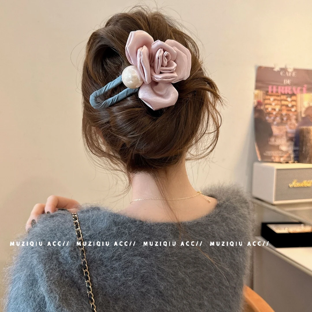 木子秋超仙缎面优雅玫瑰花珠珠鸭嘴夹高级感气质时尚复古网红发饰