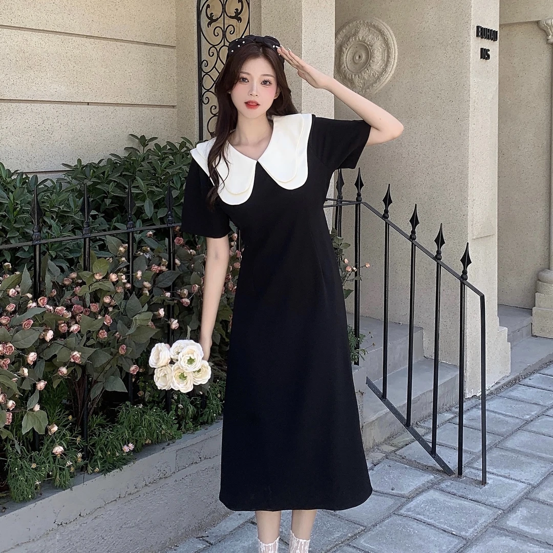 温柔风连衣裙夏季收腰显瘦时尚娃娃领收腰女1142