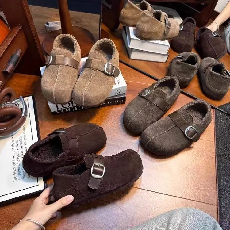 夏季欧货磨砂皮复古加绒勃肯鞋懒人一脚蹬毛毛鞋两穿单鞋加绒棉鞋