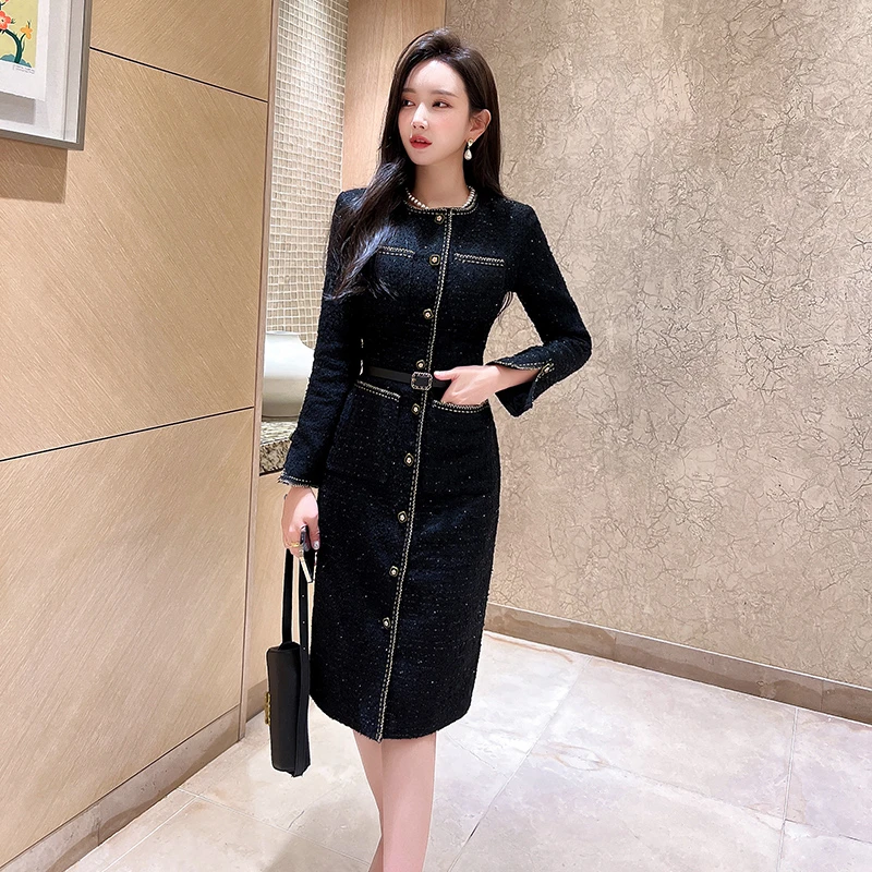 黑色小香风连衣裙女冬季新款气质名媛高级感轻奢职业打底长裙5455