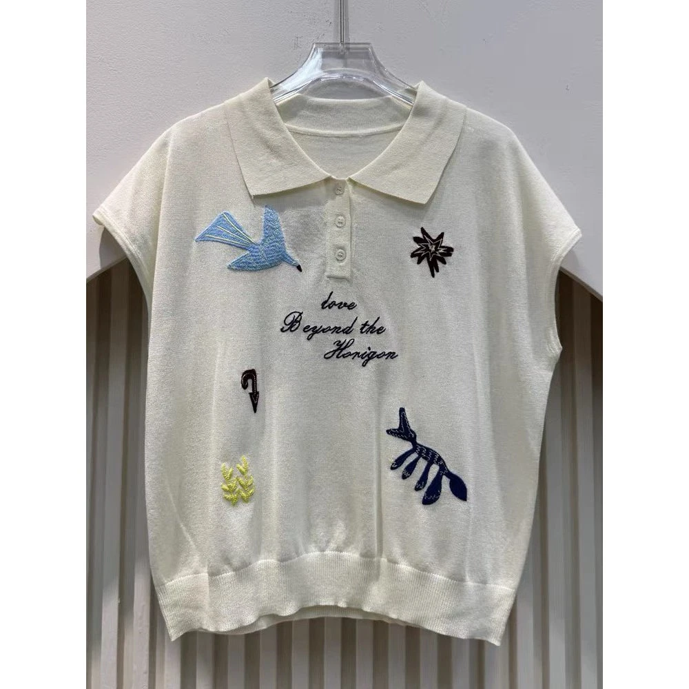 QL—98291夏季翻领白色水洗上衣宽松型短袖宽松毛针织衫刺绣