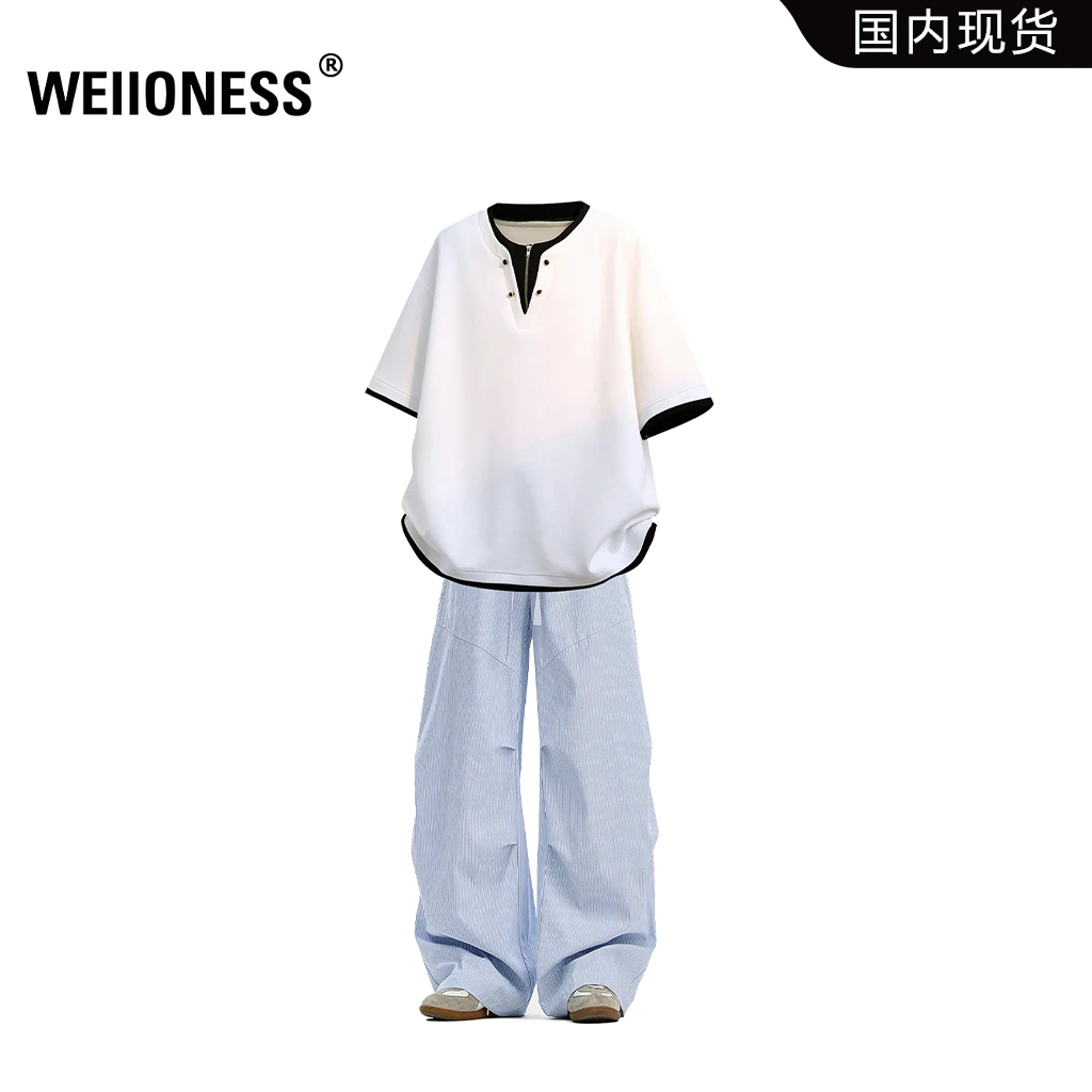 WEIIONESS假两件短袖套装男款2025夏季宽松潮牌两件套松弛感男装