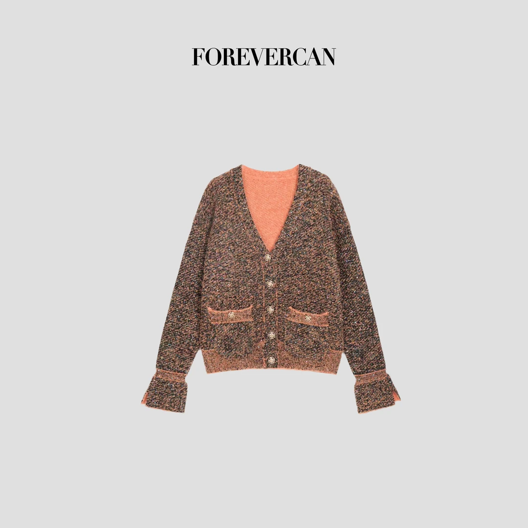 FOREVERCAN“橙心如意”绵羊毛幻彩亮片纱小香风V领针织开衫MY4507