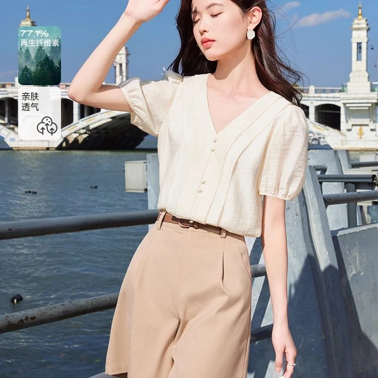 【直播专享】S842149衬衫 香影法式v领衬衫女夏季新款泡泡袖衬衣小